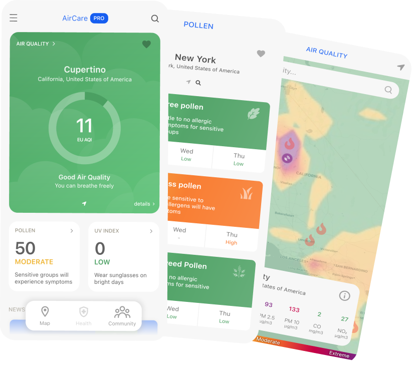 AirCare app showing air quality, pollen and a fire map.